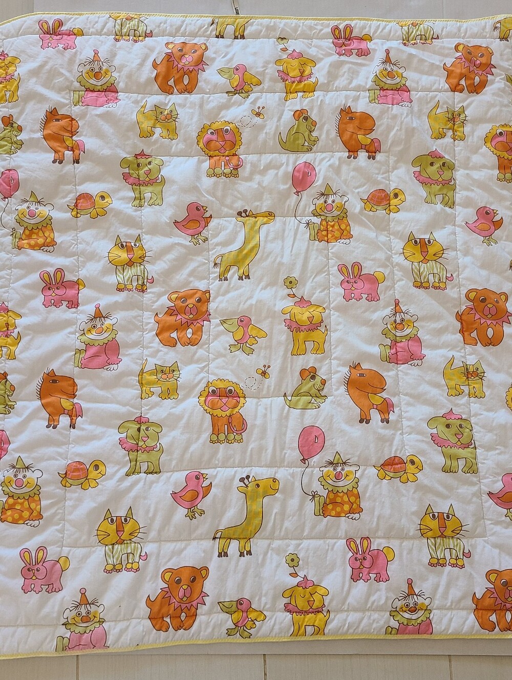 Vintage I.Magnin & Co Baby Blanket Large 29x43" Cat Lion Bear Yellow Pink.